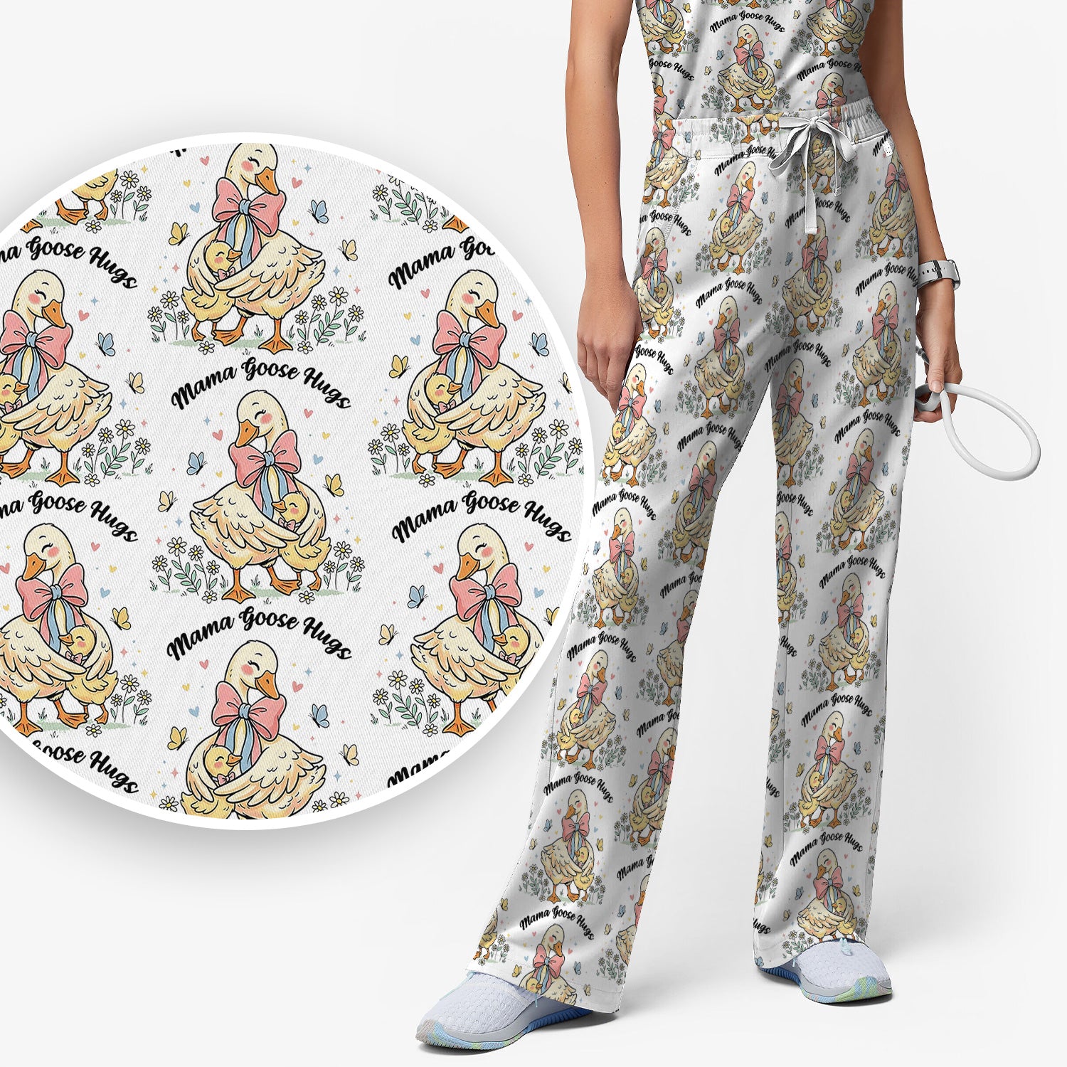 Cute Mama Goose Hug Pattern Scrub Set, Scrub Pants and V Neck Top