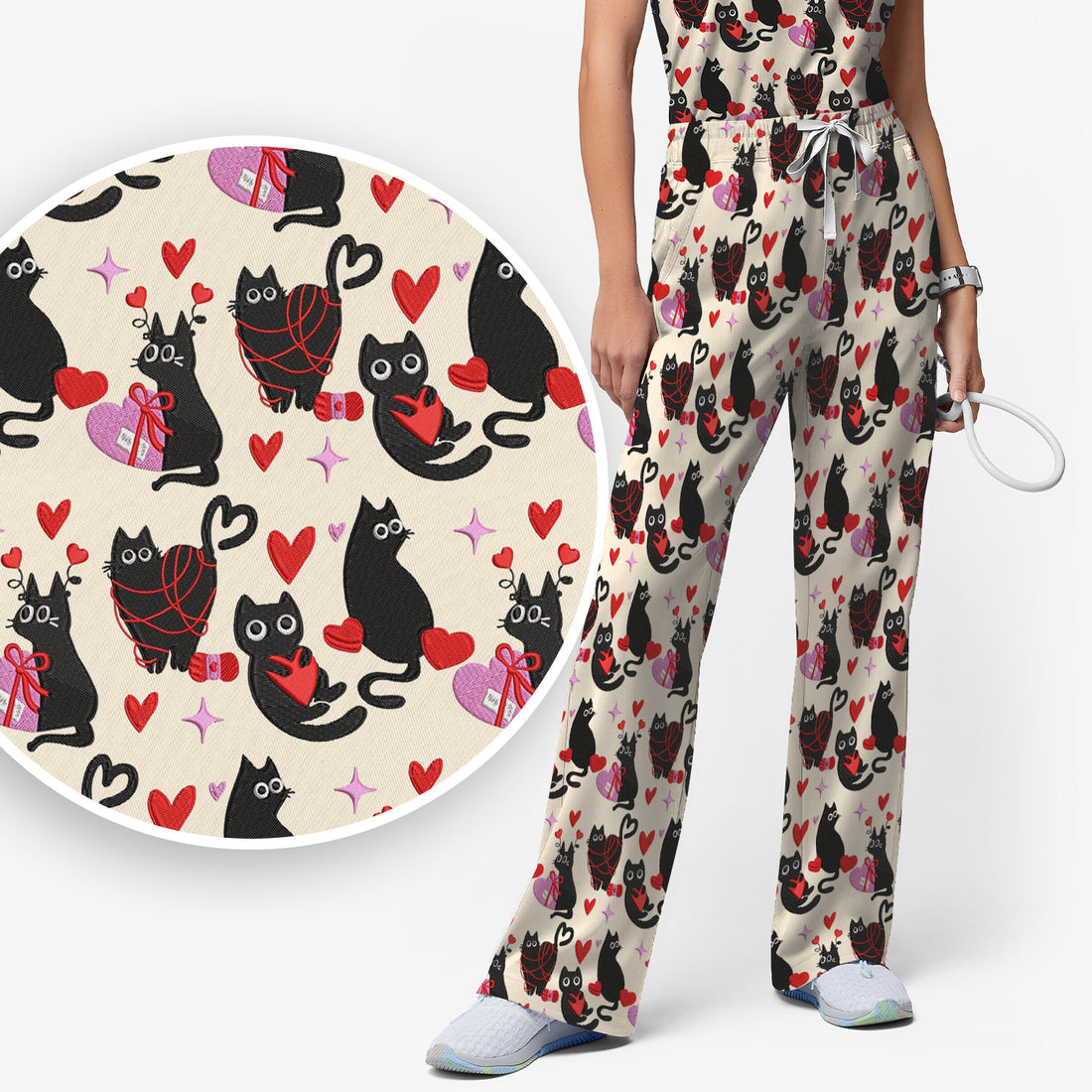 Valentine’s Day Scrub Set, Cute Black Cat With Heart Pattern Nurse Shirt, Breathable Fabrics Nursing Uniform