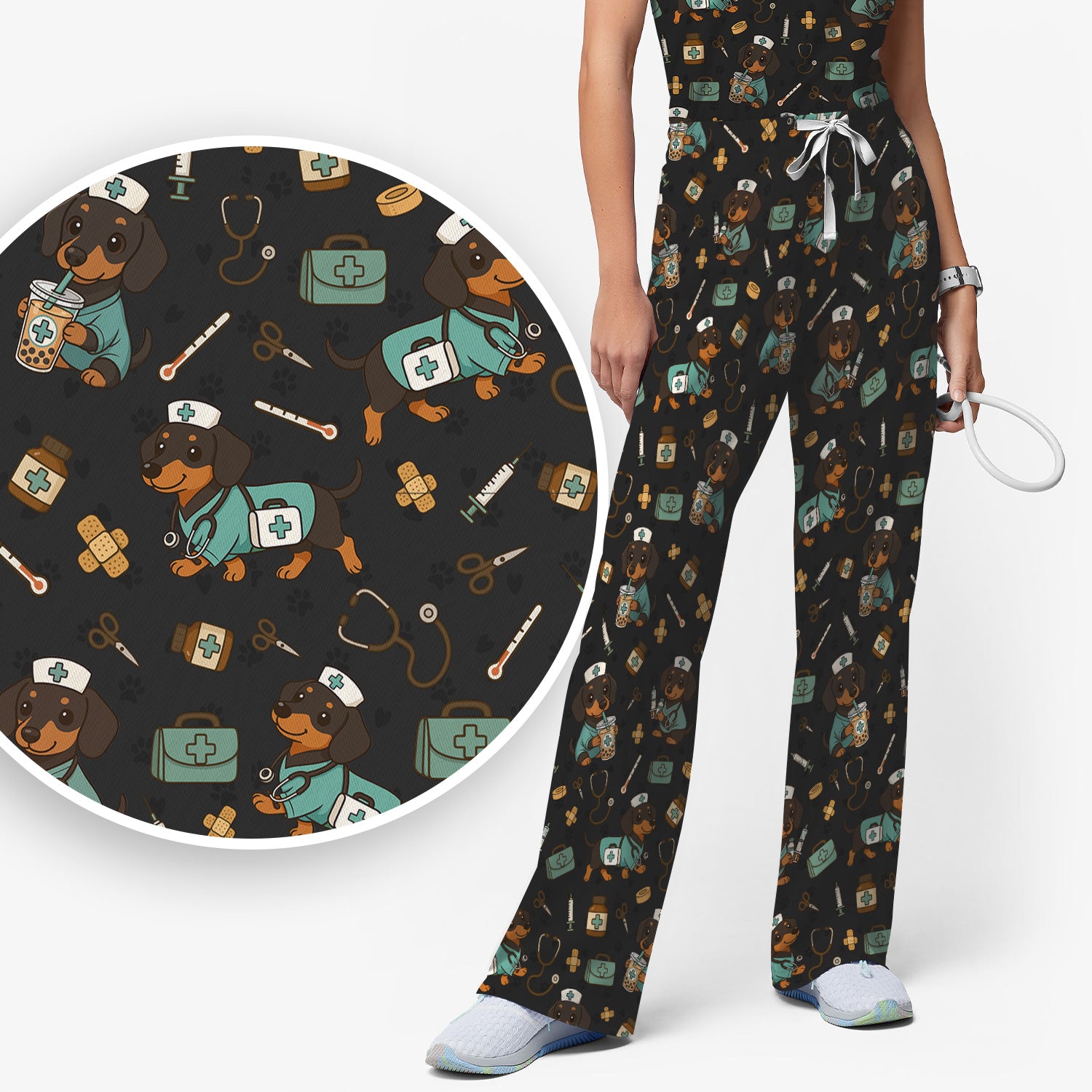 Funny Dachshund Nurse Scrubs Set - Cute Dog Print Medical Shirt - Holiday Nurse Scrub Top Gift for RN CNA Doctor, Women & Men