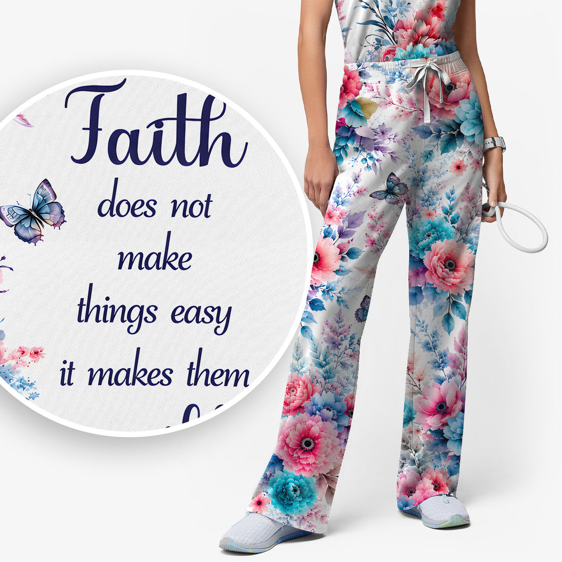 Inspirational Faith Floral Butterfly Pattern Scrub Set, Scrub Pants and V Neck Top