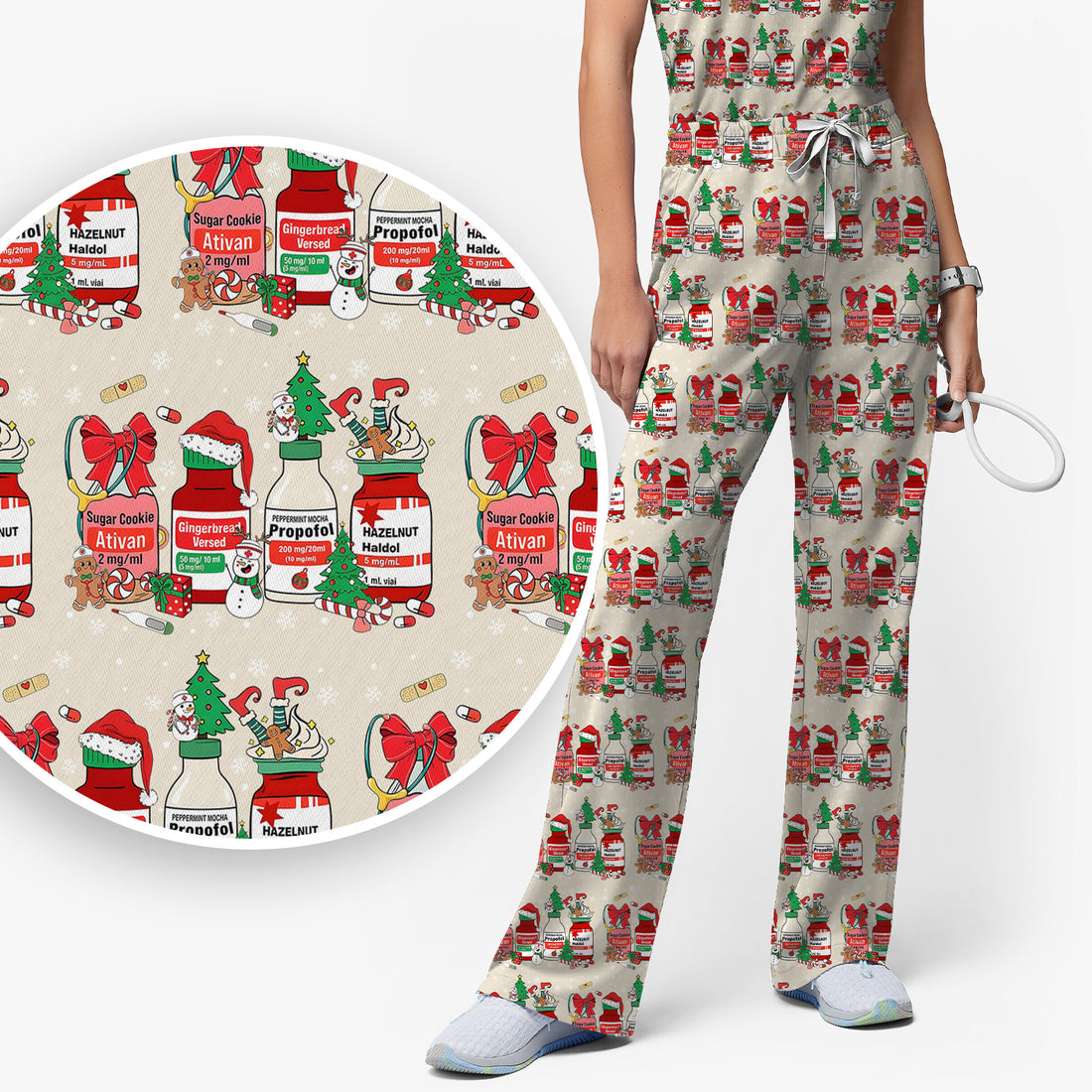 Funny Christmas Medication Scrub Set – Festive Holiday Pharma Bottles Pattern – Playful Medical Uniform for Nurses, Pharmacists & Healthcare Workers
