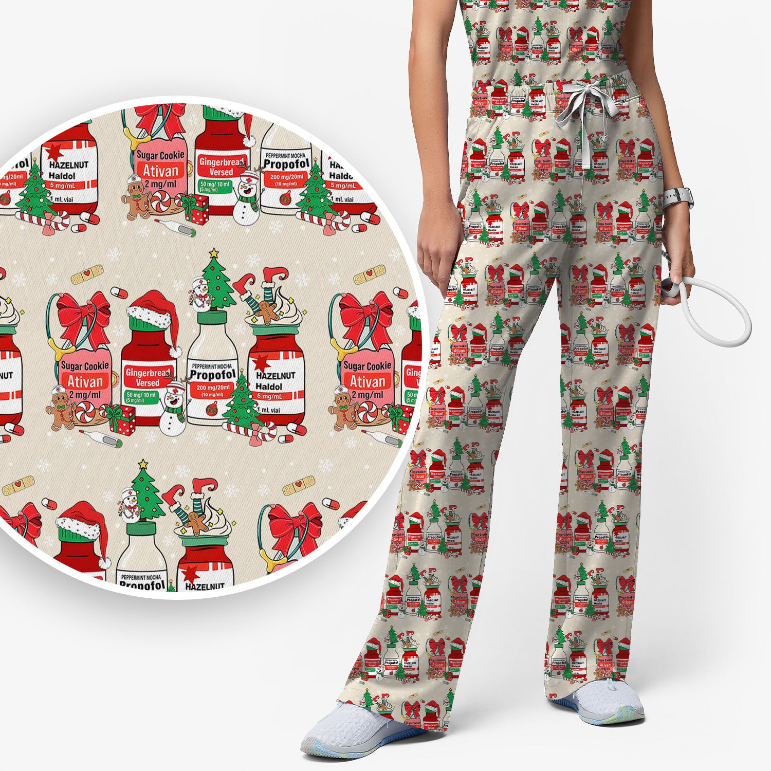 Funny Christmas Medication Scrub Set – Festive Holiday Pharma Bottles Pattern – Playful Medical Uniform for Nurses, Pharmacists & Healthcare Workers