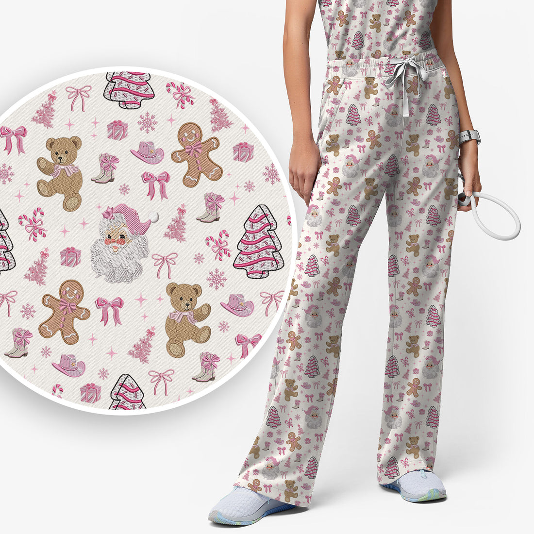 Pink Christmas Santa Gingerbread Scrub Set, Cute Holiday Medical Pattern Shirt, Breathable Fabrics Nursing Uniform