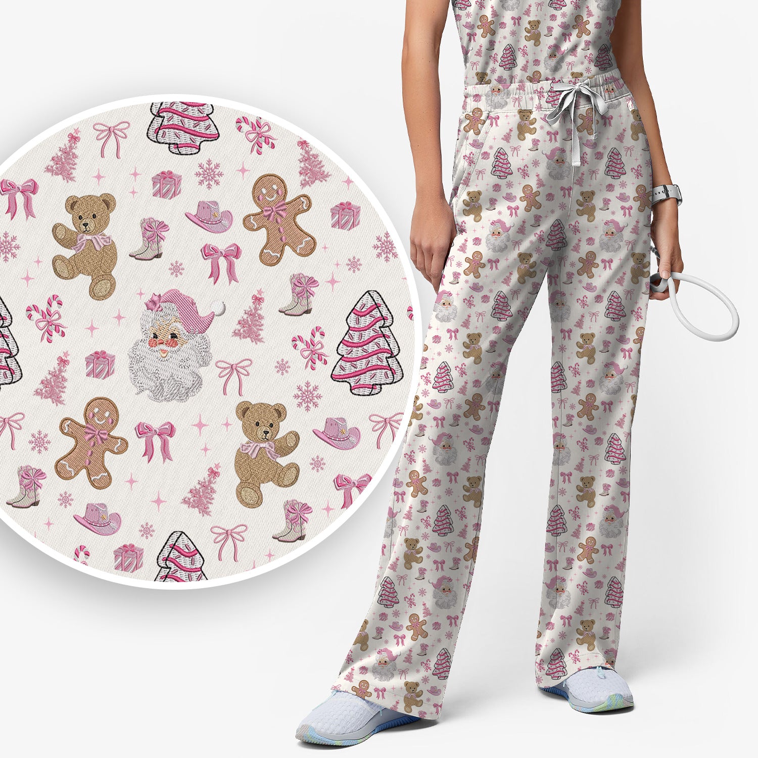 Pink Christmas Santa Gingerbread Scrub Set, Cute Holiday Medical Pattern Shirt, Breathable Fabrics Nursing Uniform