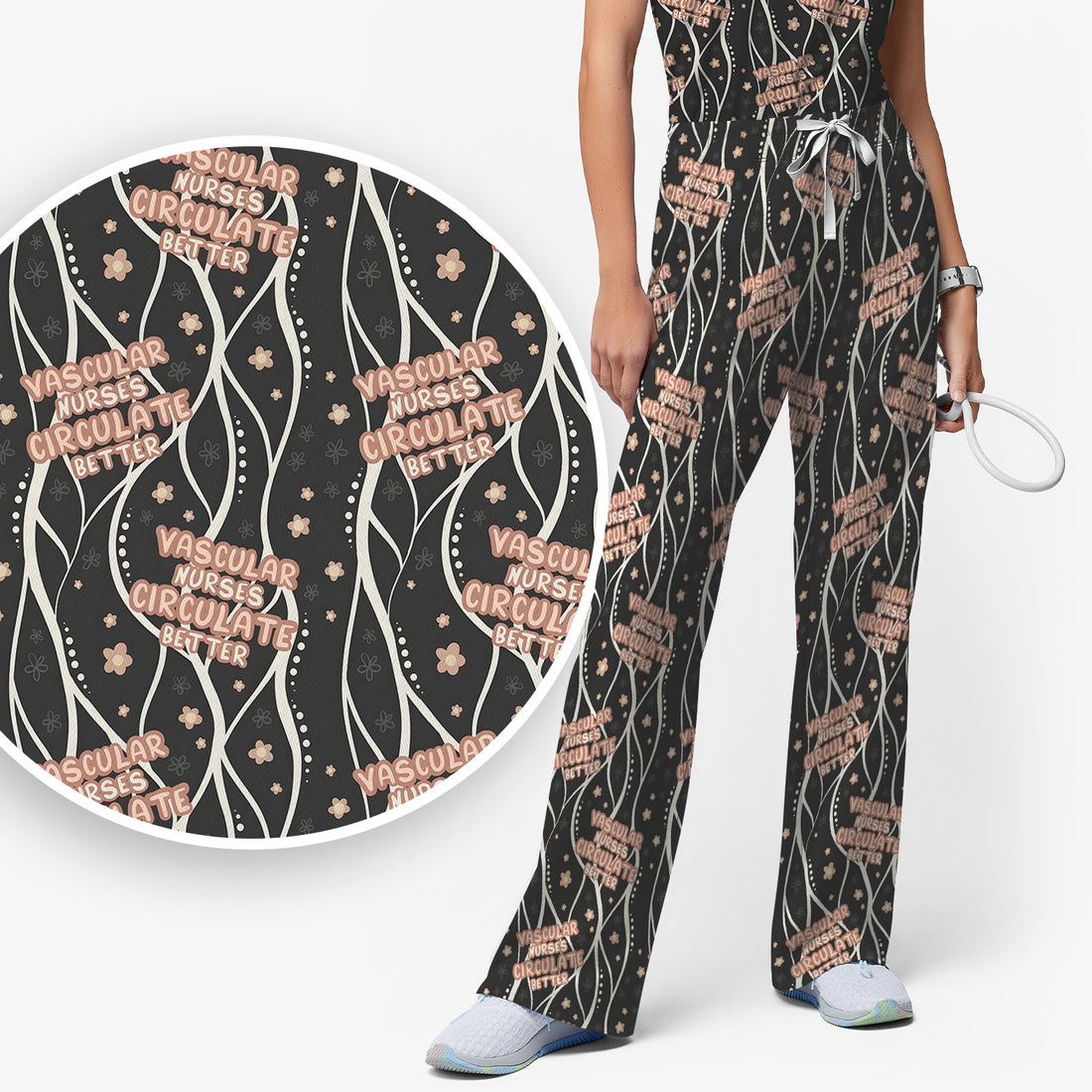 Inspirational Vascular Nurse Circulation Awareness Pattern Scrub Set, Scrub Pants and V Neck Top
