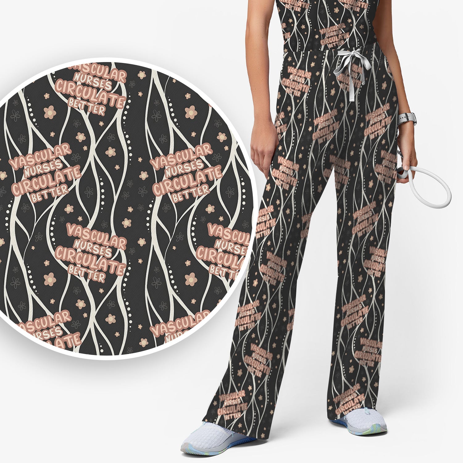 Inspirational Vascular Nurse Circulation Awareness Pattern Scrub Set, Scrub Pants and V Neck Top