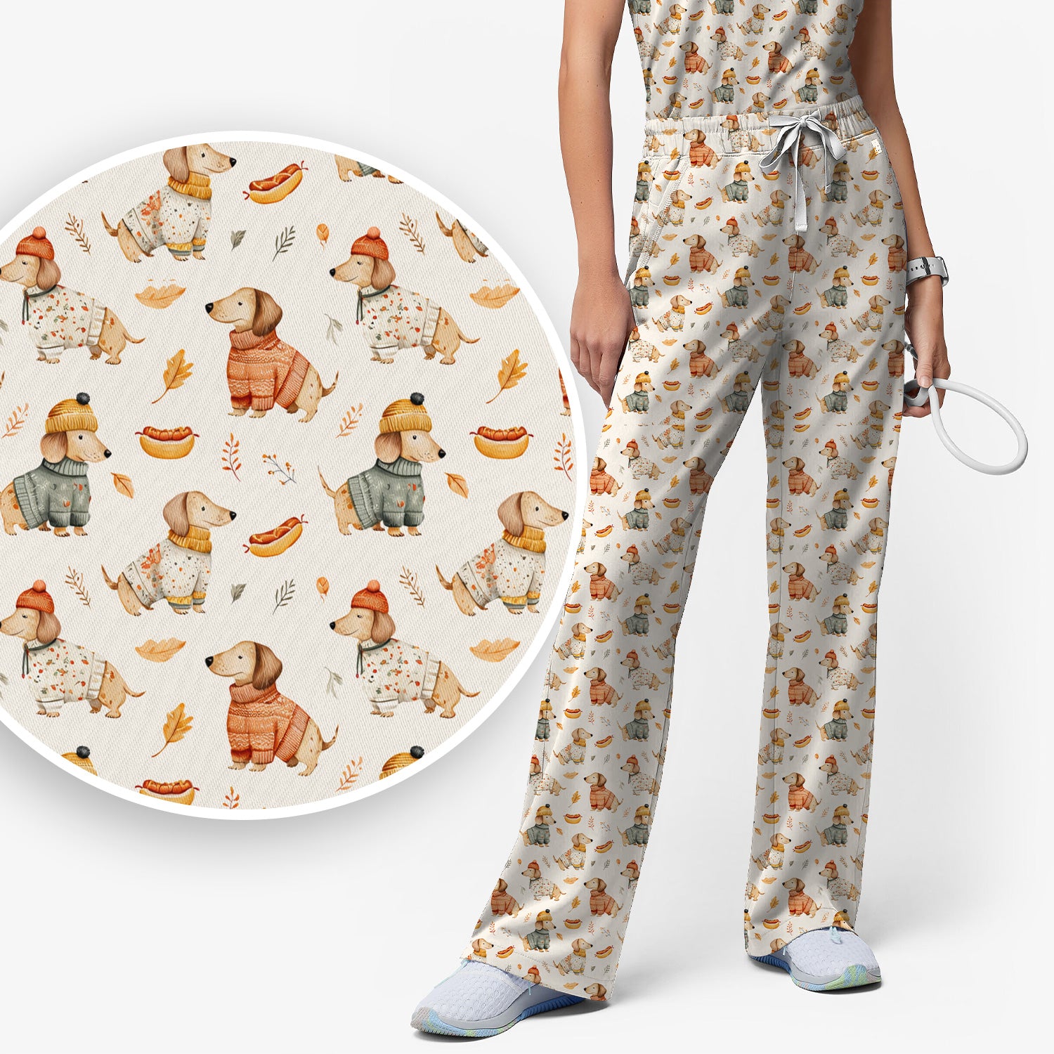 Autumn Dachshund Dog Sweater Print Scrub Set, Breathable Med Uniform