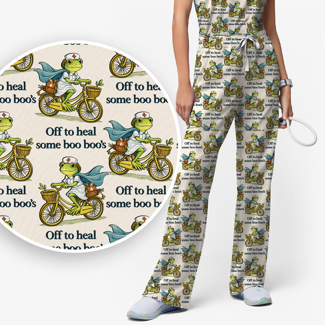 Funny Frog Nurse Cycling Pattern Scrub Set, Scrubs Pants and V Neck Top