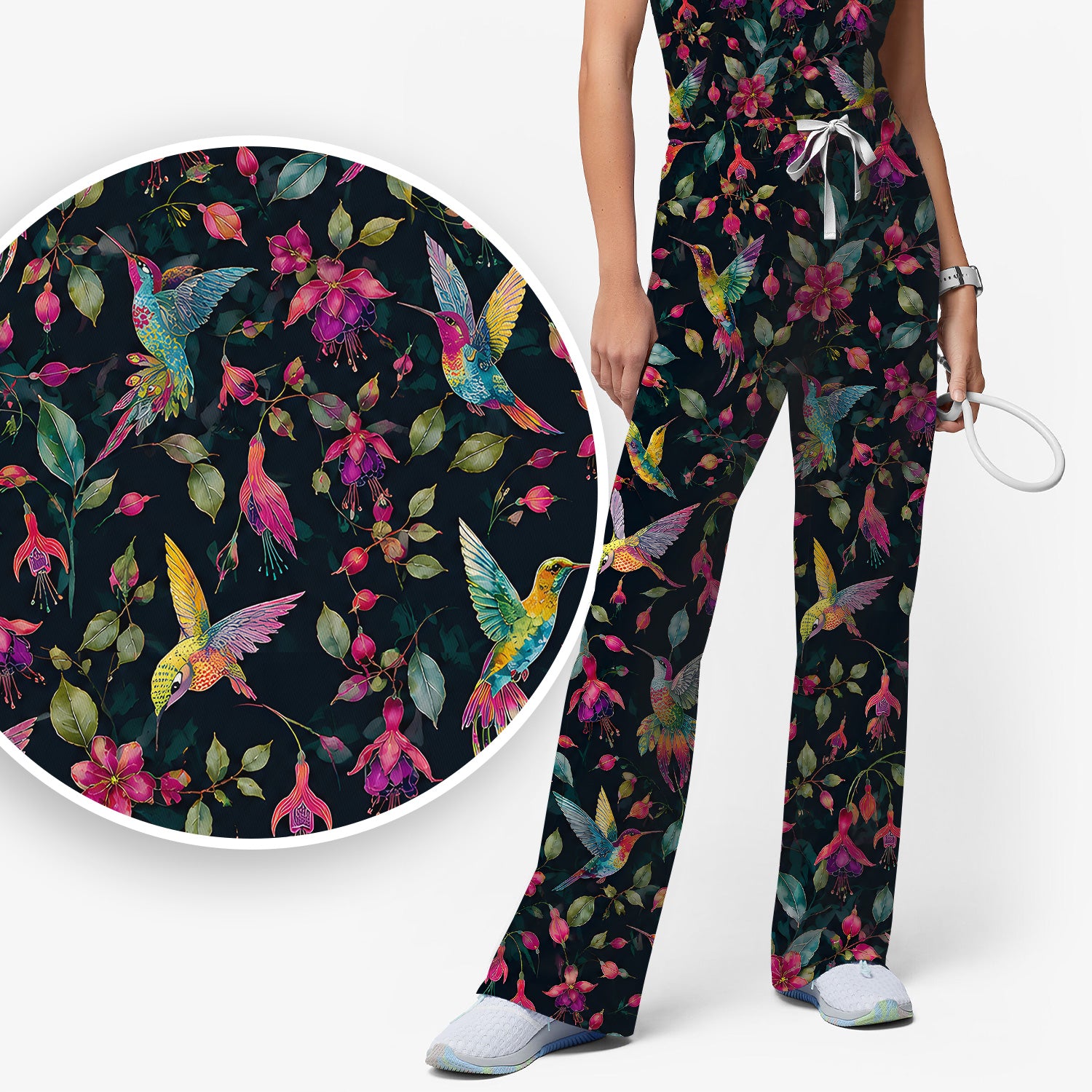 Hummingbird Fuchsia Bloom Pattern Scrub Set, Scrub Pants and V Neck Top