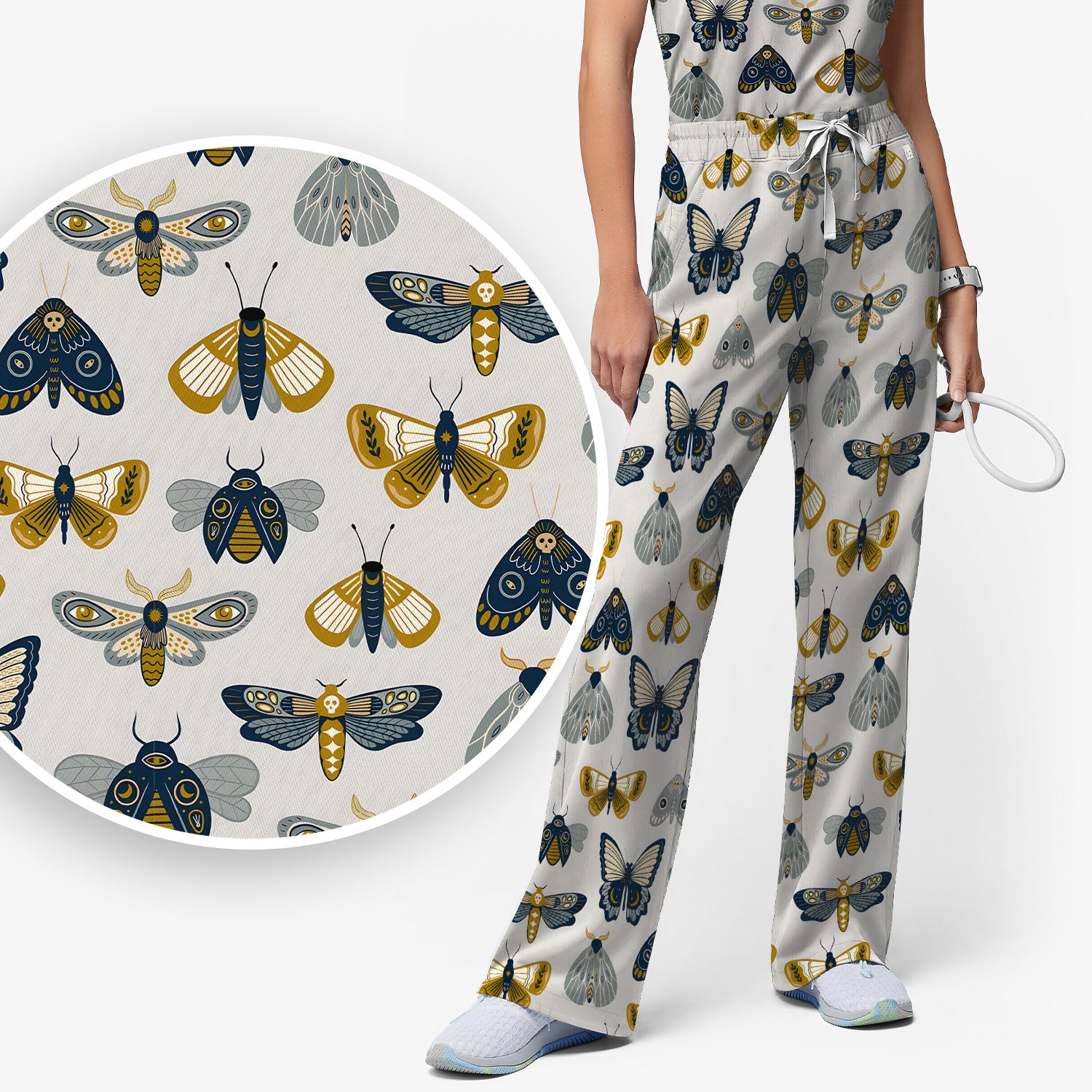 Cute Butterfly Moth Insect Pattern Scrub Set, Scrub Pants and V Neck Top