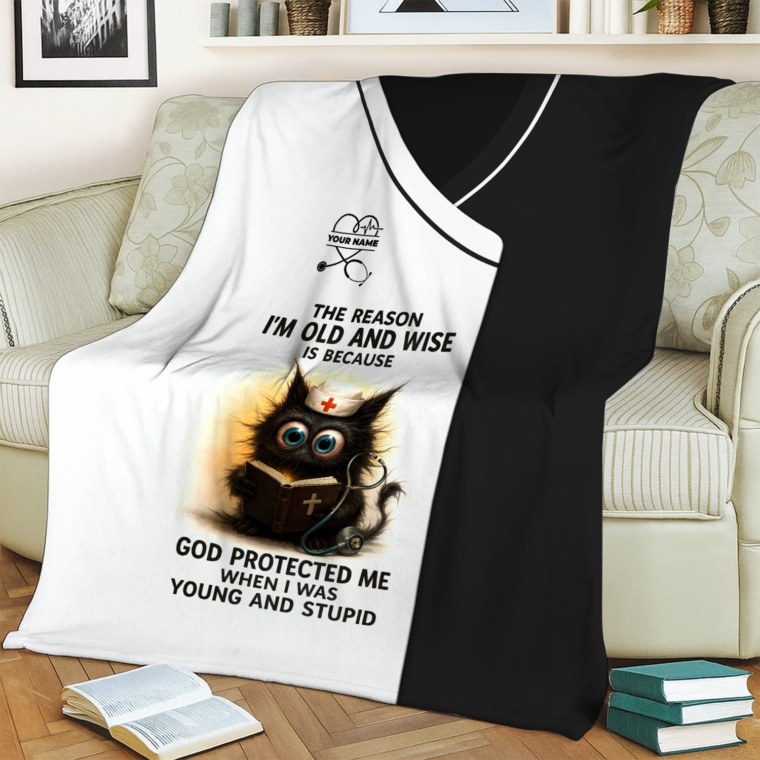 Personalized Nurse Blanket - Hilarious Cat Design with ‰Û÷God Protected Me When I Was Young and Stupid‰Ûª Quote - Custom Name for RN, CNA, LPN Healthcare Workers