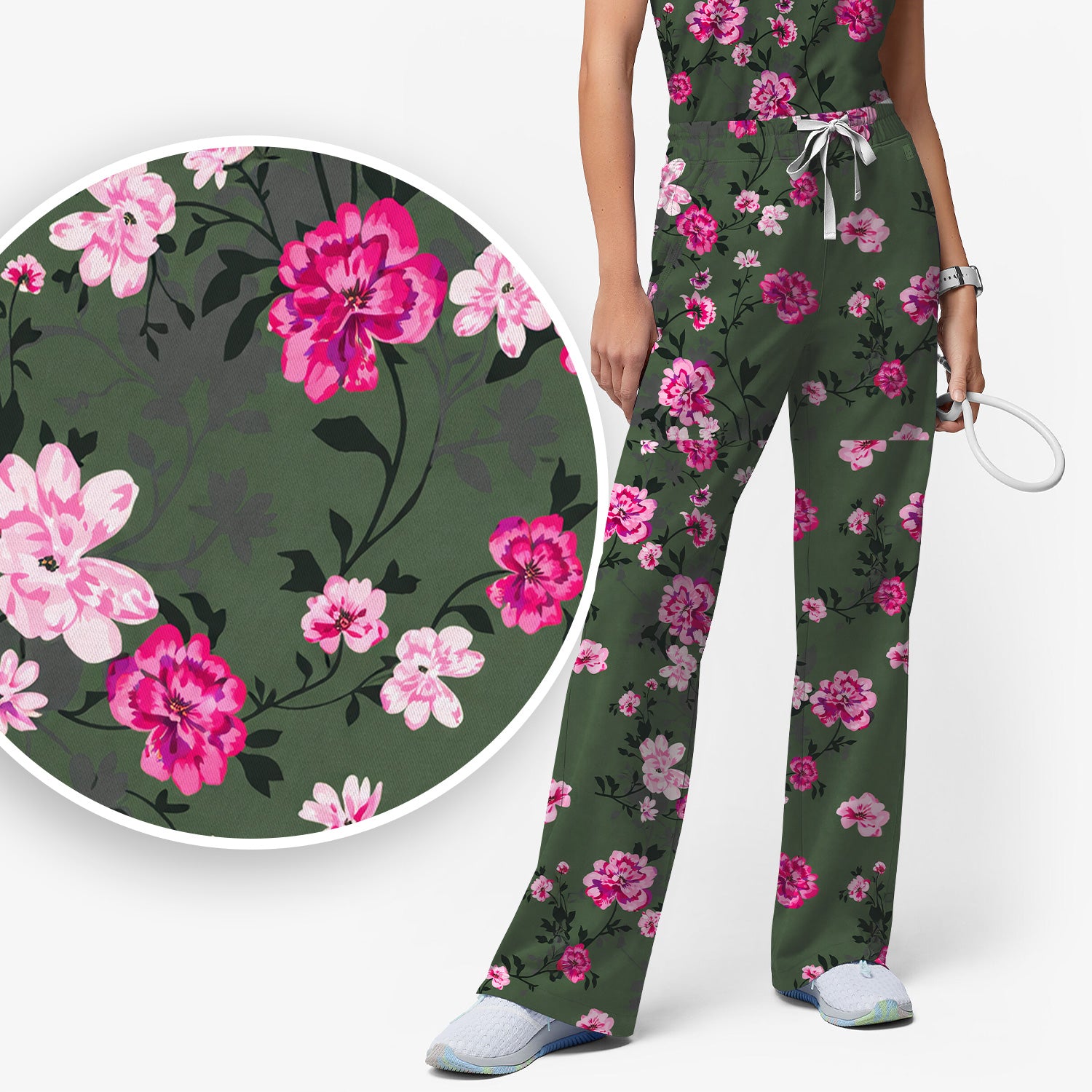 Pink Floral Blossom Pattern Scrub Set,  Scrub Pants and V Neck Top
