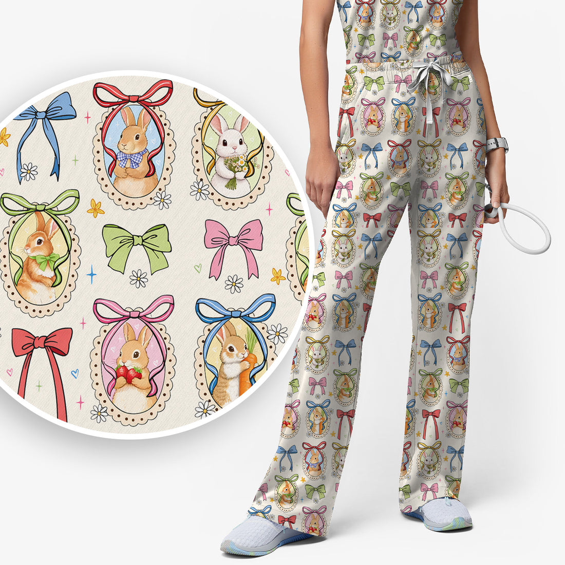 Cute Easter Bunny Cameo Colorful Bow Pattern Scrub Set, Breathable Med Uniform