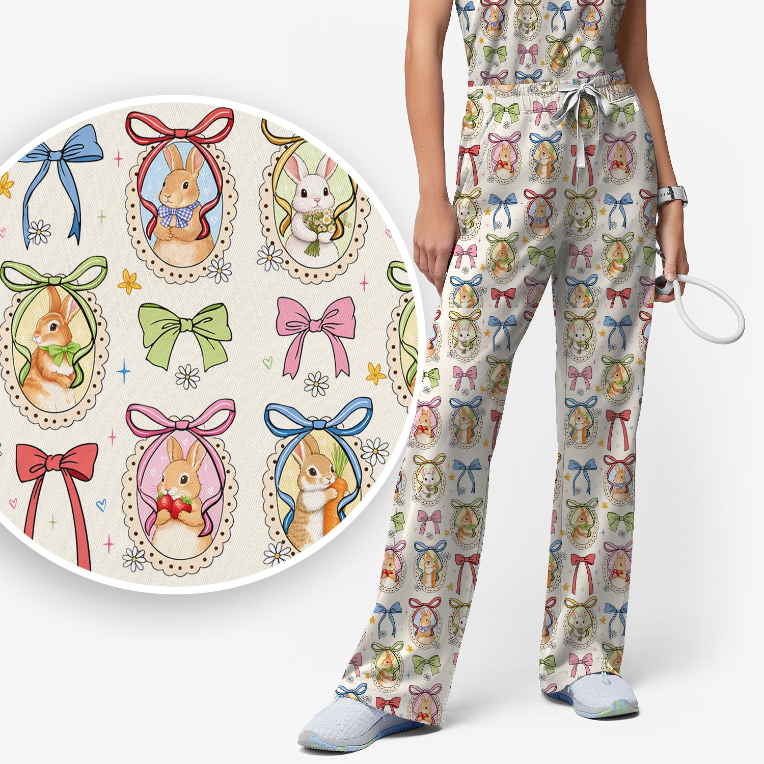 Cute Easter Bunny Cameo Colorful Bow Pattern Scrub Set, Breathable Med Uniform