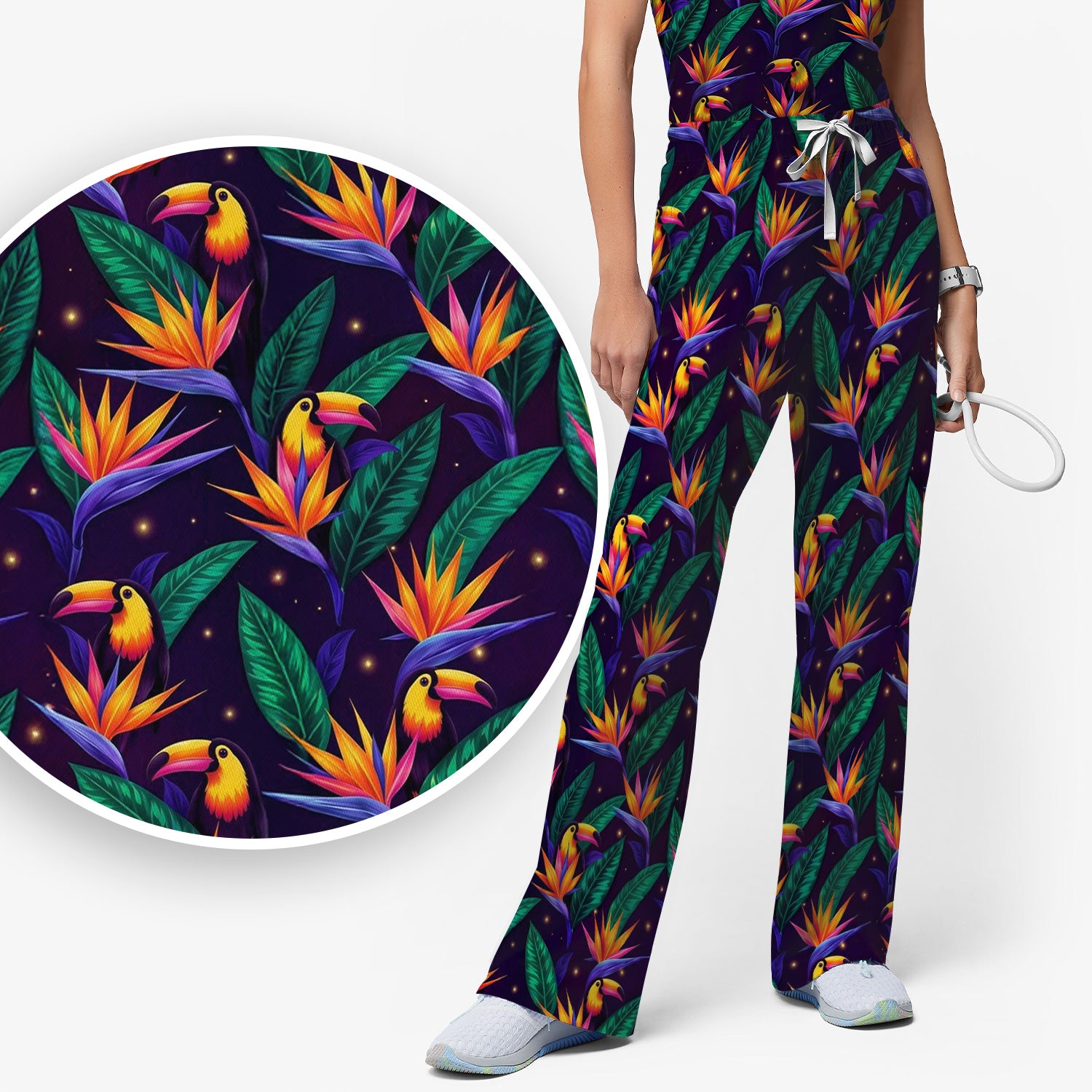 Tropical Toucan Bird Paradise Leaves Pattern Scrub Set, Scrub Pants and V Neck Top