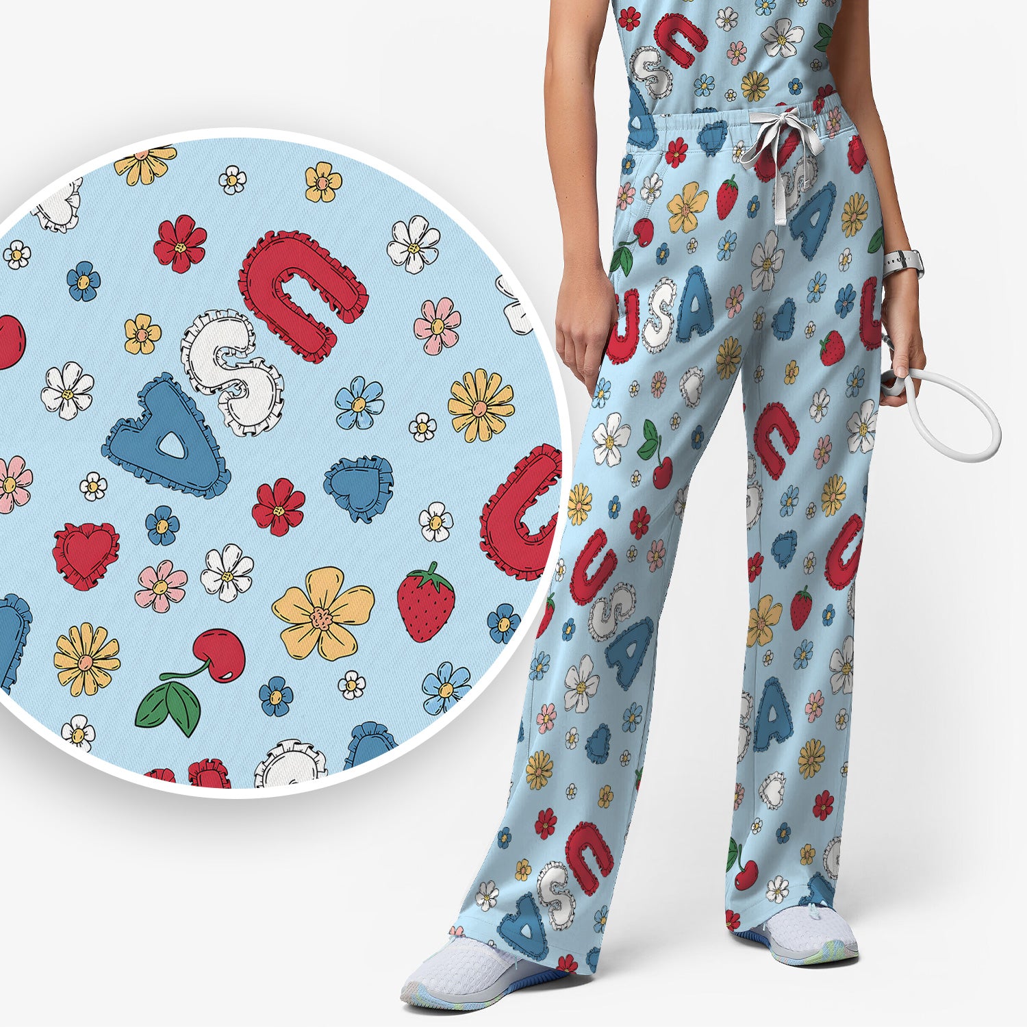 USA Cherry Strawberry Floral Patch Pattern Scrub Set, Scrub Pants and V Neck Top