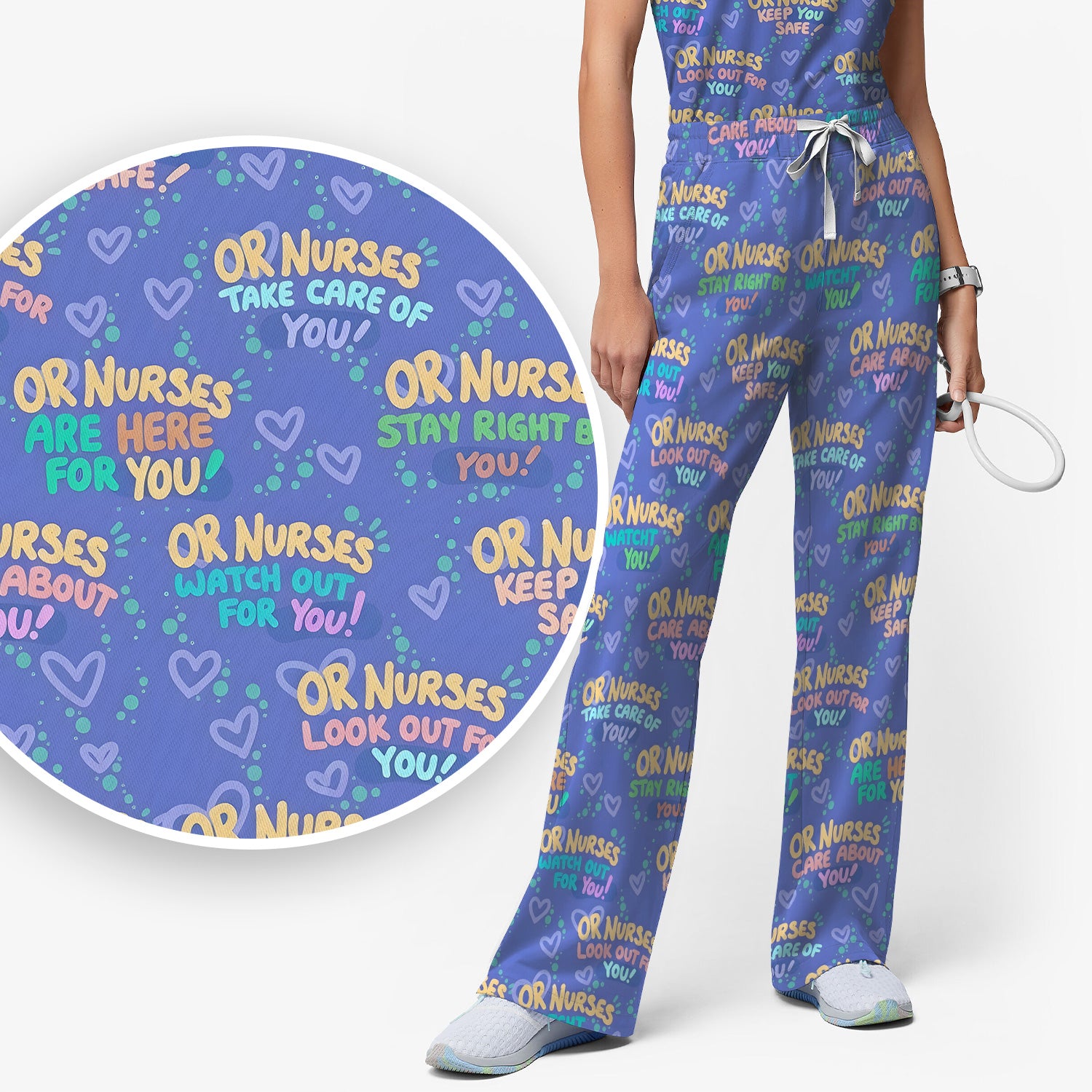 Inspirational Nurse Quote Care Message Pattern Scrub Set, Scrub Pants and V Neck Top