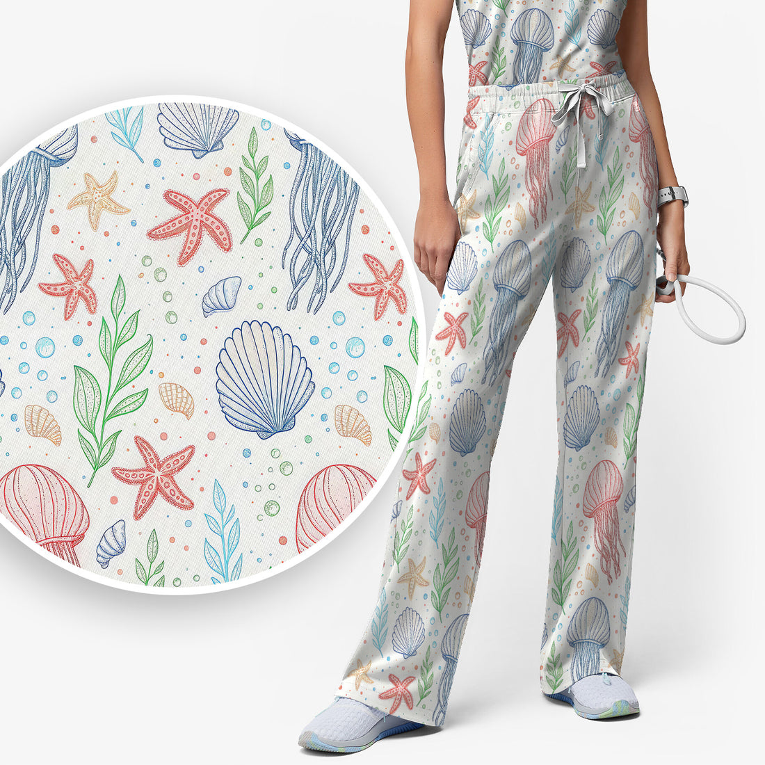 Ocean Jellyfish Starfish Seashell Pattern Scrub Sets, Scrub Pants and V Neck Top