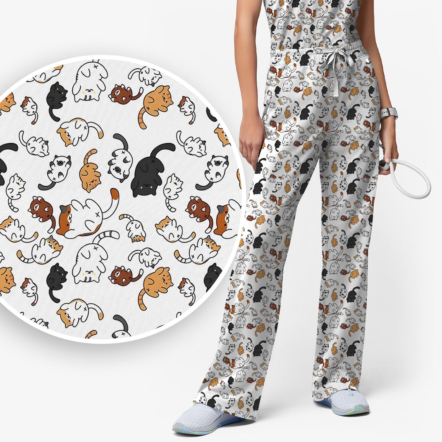 Funny Cat Scrub Set, Cute Cat Pattern Nurse Shirt For Women, Breathable Fabrics Nursing Uniform
