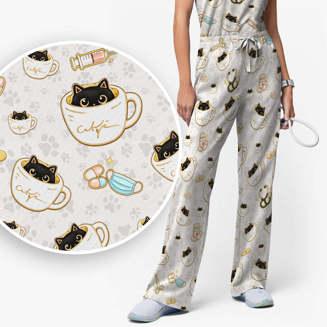 Cute Coffee Cat Medical Print Scrub Set, Scrub Pants and V Neck Top