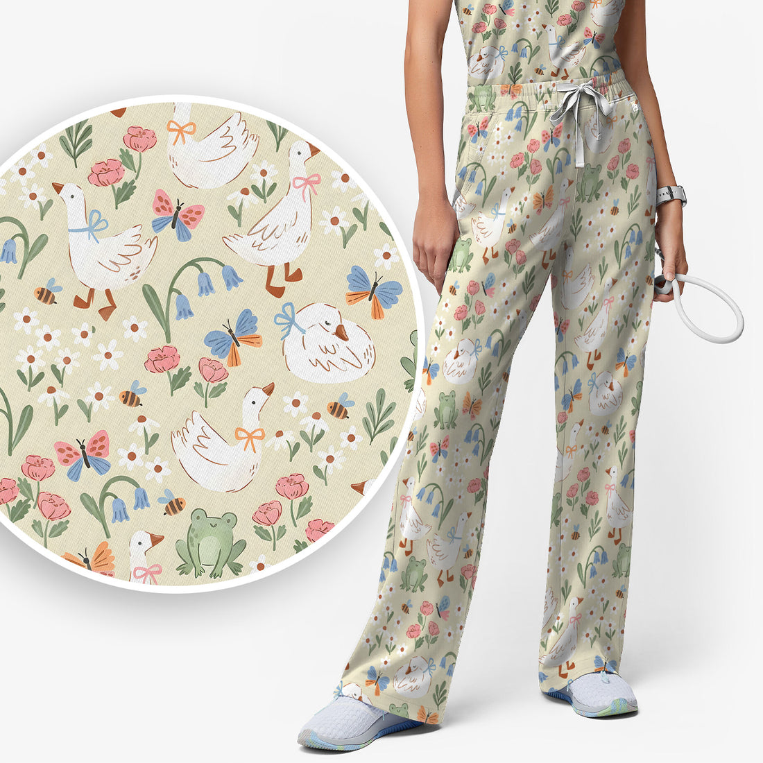 Cute Goose & Frog Garden Print Scrub Set, Scrub Pants and V Neck Top