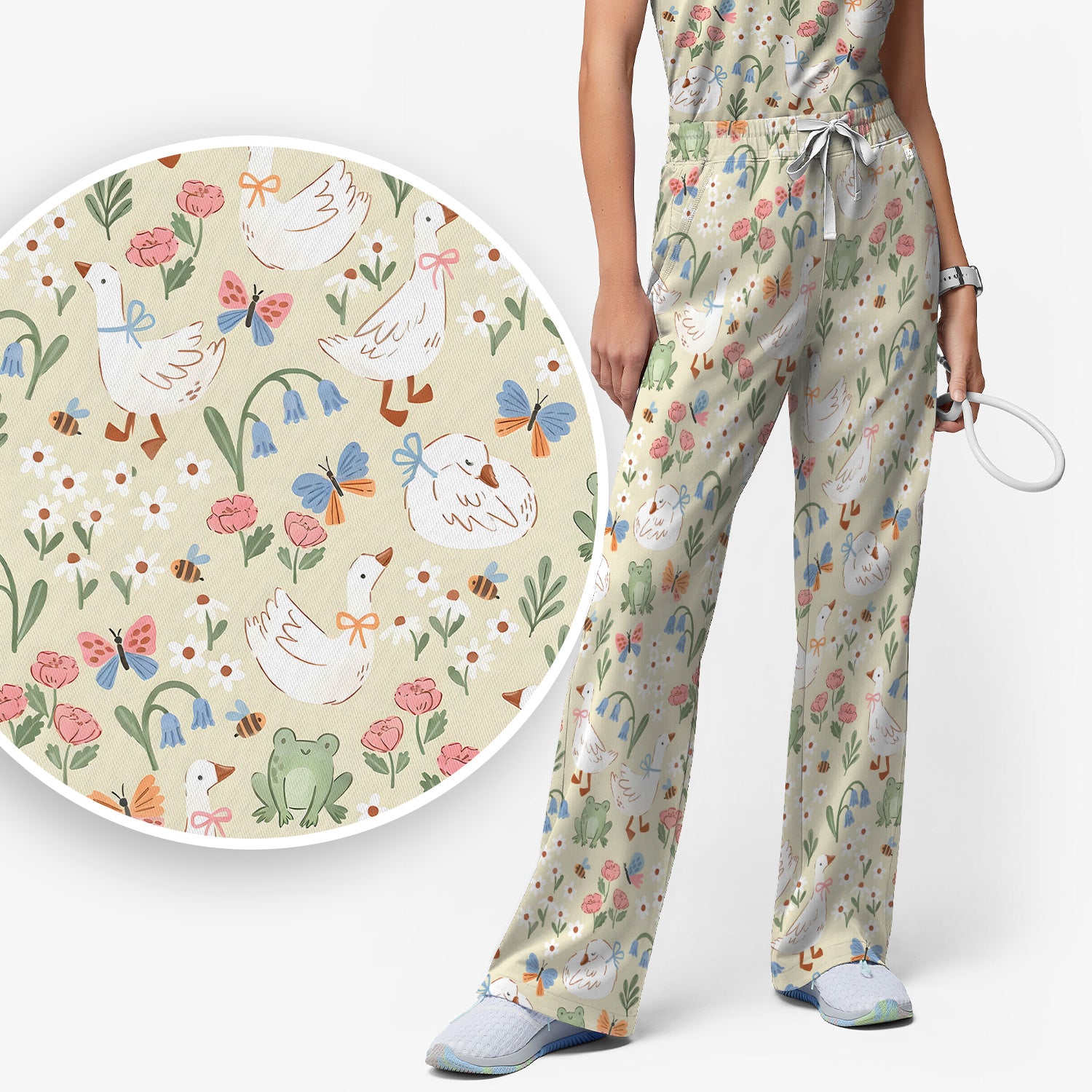 Cute Goose & Frog Garden Print Scrub Set, Scrub Pants and V Neck Top