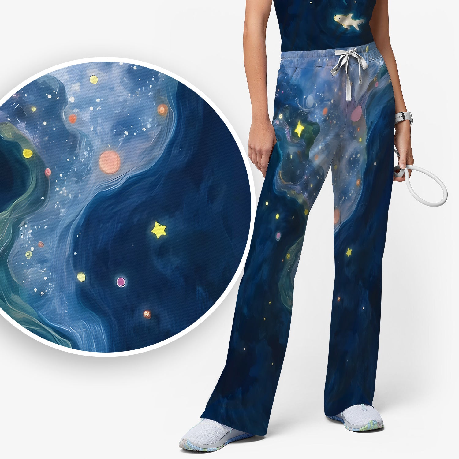 Marine Life Shark Pattern Scrub Set, Scrub Pants and V Neck Top