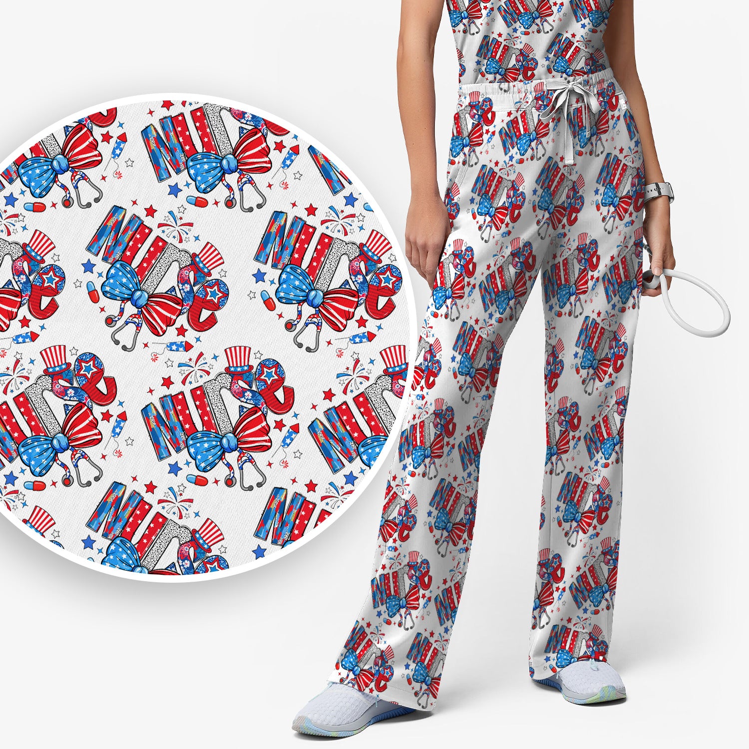 USA Nurse Stethoscope Patriotic Bow Hat Pattern Scrub Sets, Scrub Pants and V Neck Top