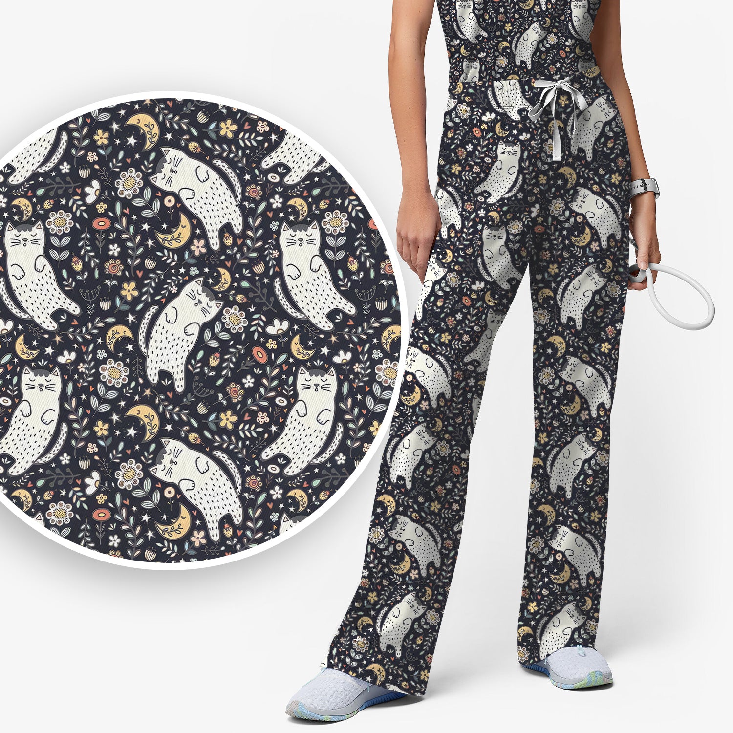 Moonlit Floral Cat Seamless Pattern Scrub Set, Scrub Pants and V Neck Top