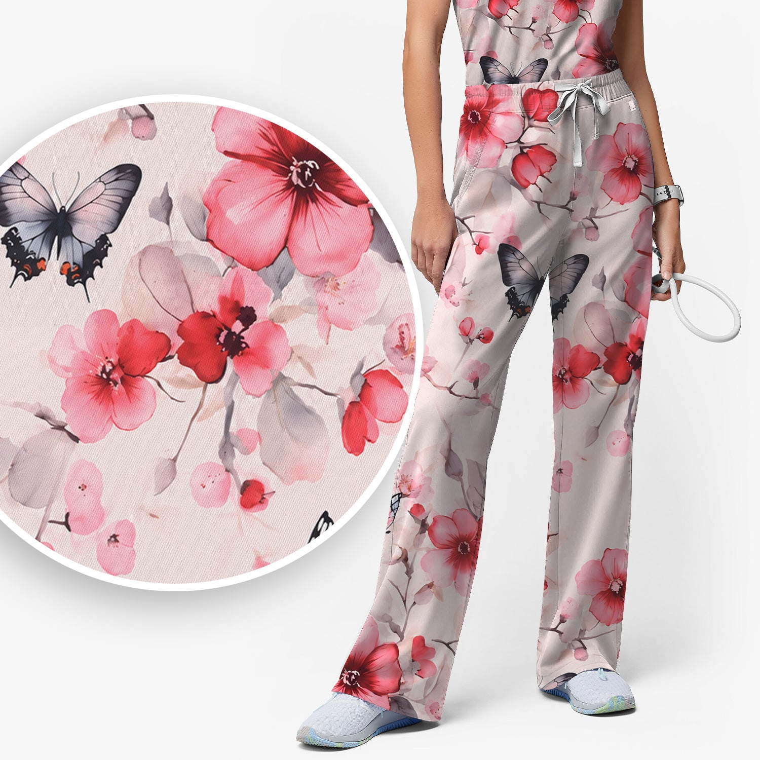Pink Butterfly Blossom Pattern Scrub Set, Scrub Pants and V Neck Top