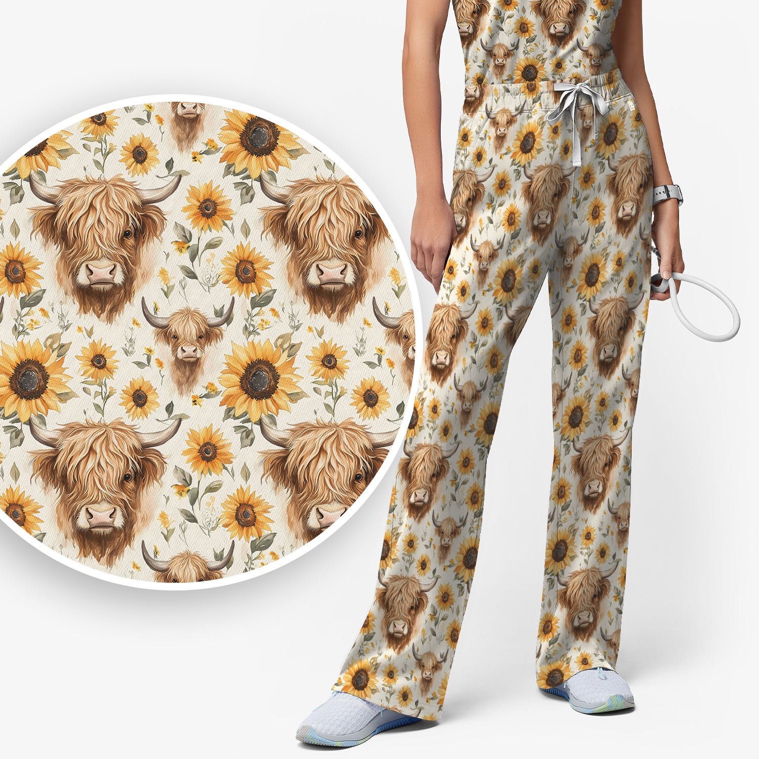 Highland Cow Sunflower Scrub Set, Rustic Farmhouse Scrub Pants and V Neck Top