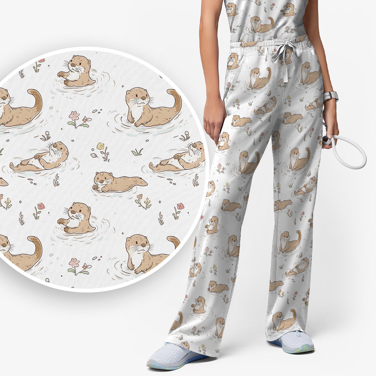 Otter Swimming Floating Water Pattern Scrub Set, Scrub Pants and V Neck Top
