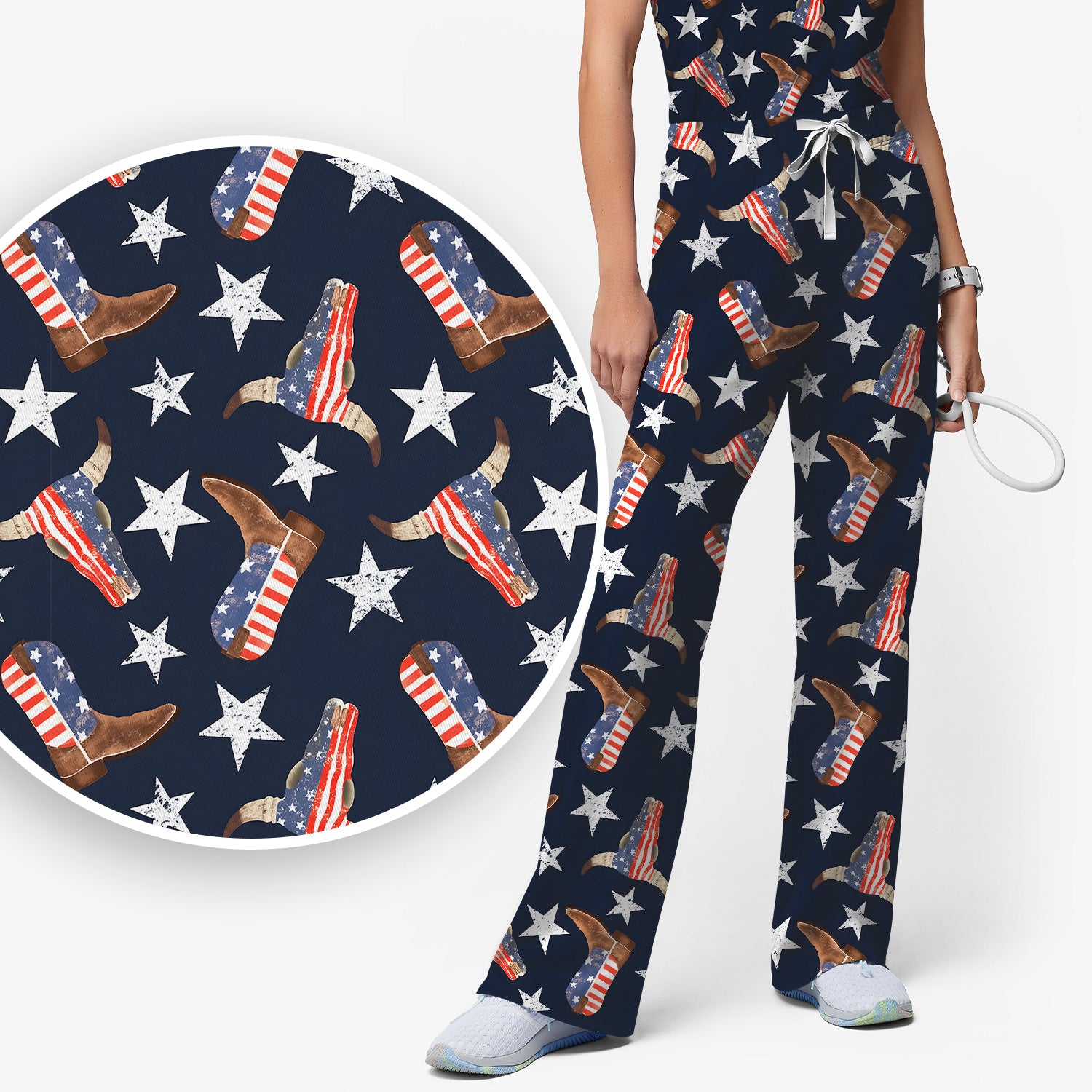 Western Boots Stars Pattern Scrub Set, Scrub Pants and V Neck Top