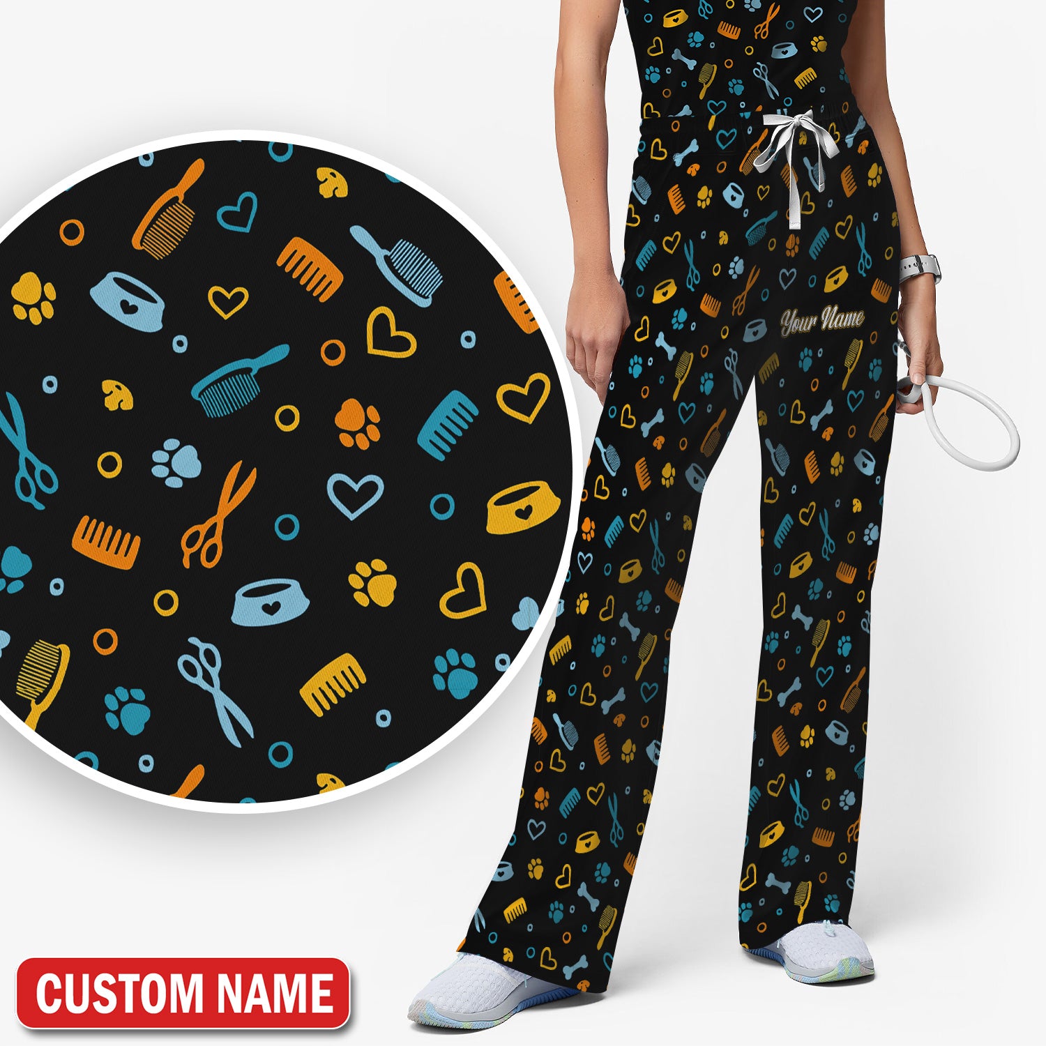 Custom Name Dog Cat Grooming Pattern Scrub Set, Scrub Pants and V Neck Top