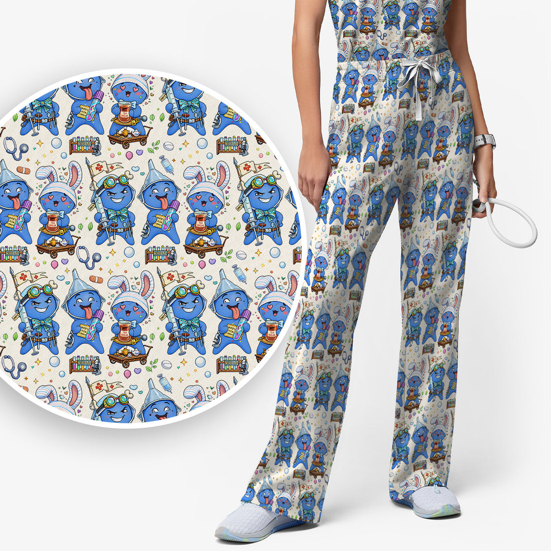 Cute Glove Doll Hospital Medical Cartoon Nurse Pattern Scrub Set, Women's Scrub Sets
