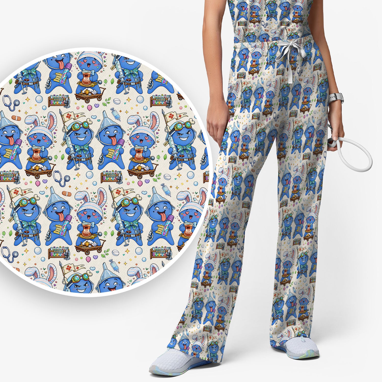 Cute Glove Doll Hospital Medical Cartoon Nurse Pattern Scrub Set, Women's Scrub Sets