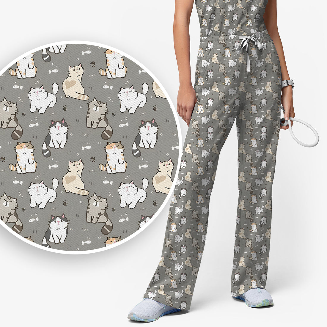 Pastel Cat Scrub Set, Cute Cat Pattern Nurse Shirt, Breathable Fabrics Nursing Uniform