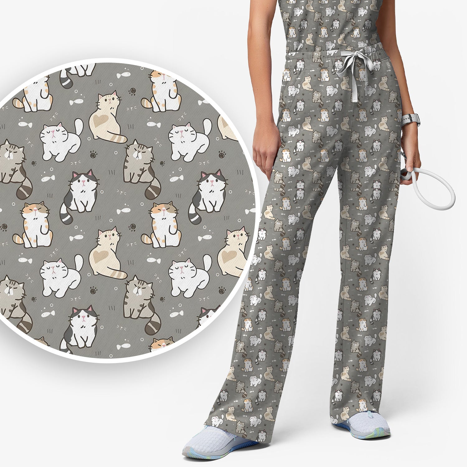 Pastel Cat Scrub Set, Cute Cat Pattern Nurse Shirt, Breathable Fabrics Nursing Uniform