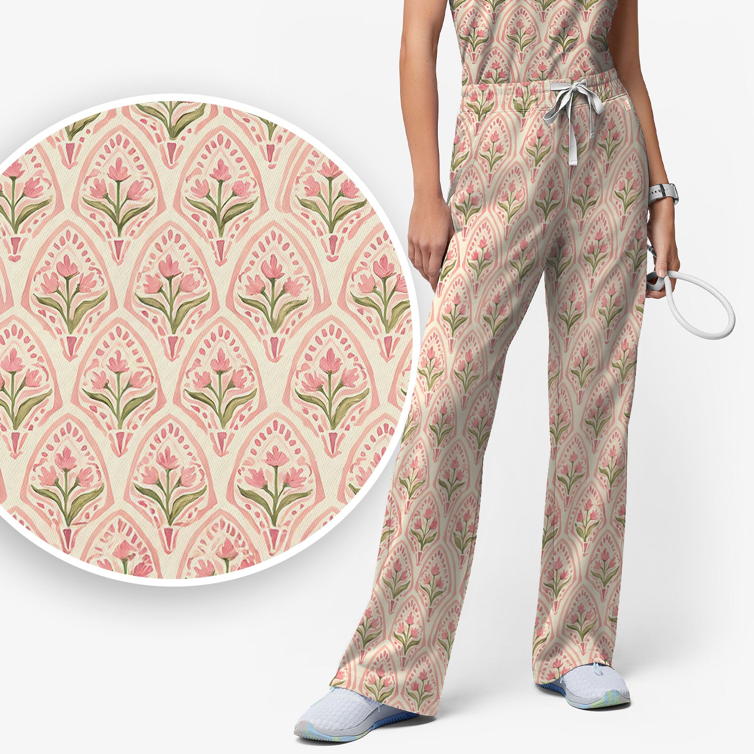 Pink Tulip Floral Arch Pattern Scrub Set, Scrub Pants and V Neck Top