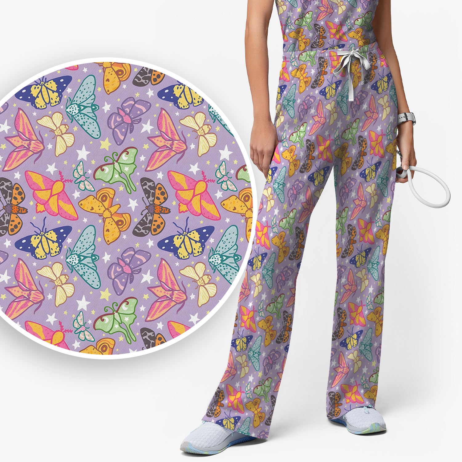 Colorful Butterfly Moth Pattern Scrub Set, Scrub Pants and V Neck Top