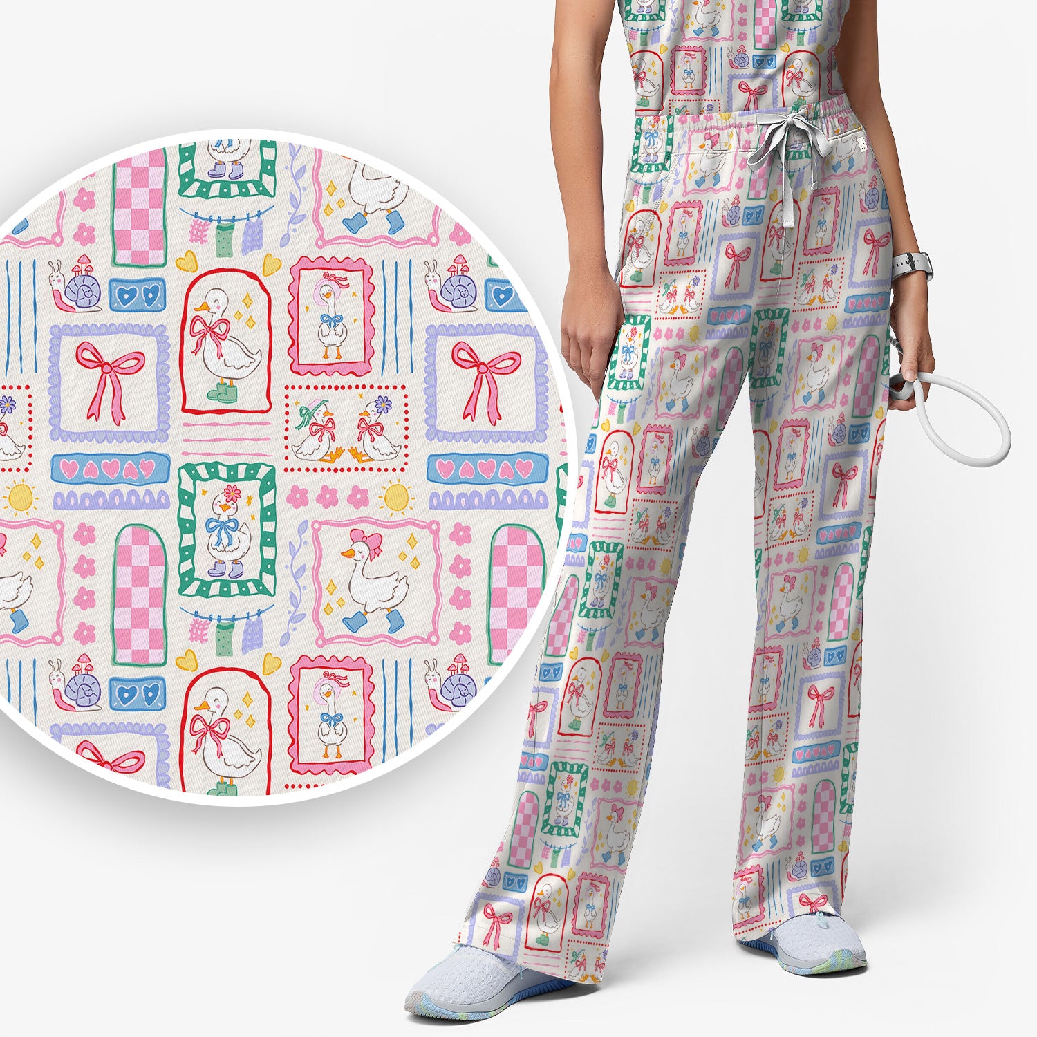 Adorable Nurse Goose Ribbon Patchwork Frame Pattern Scrub Set, Scrub Pants and V Neck Top