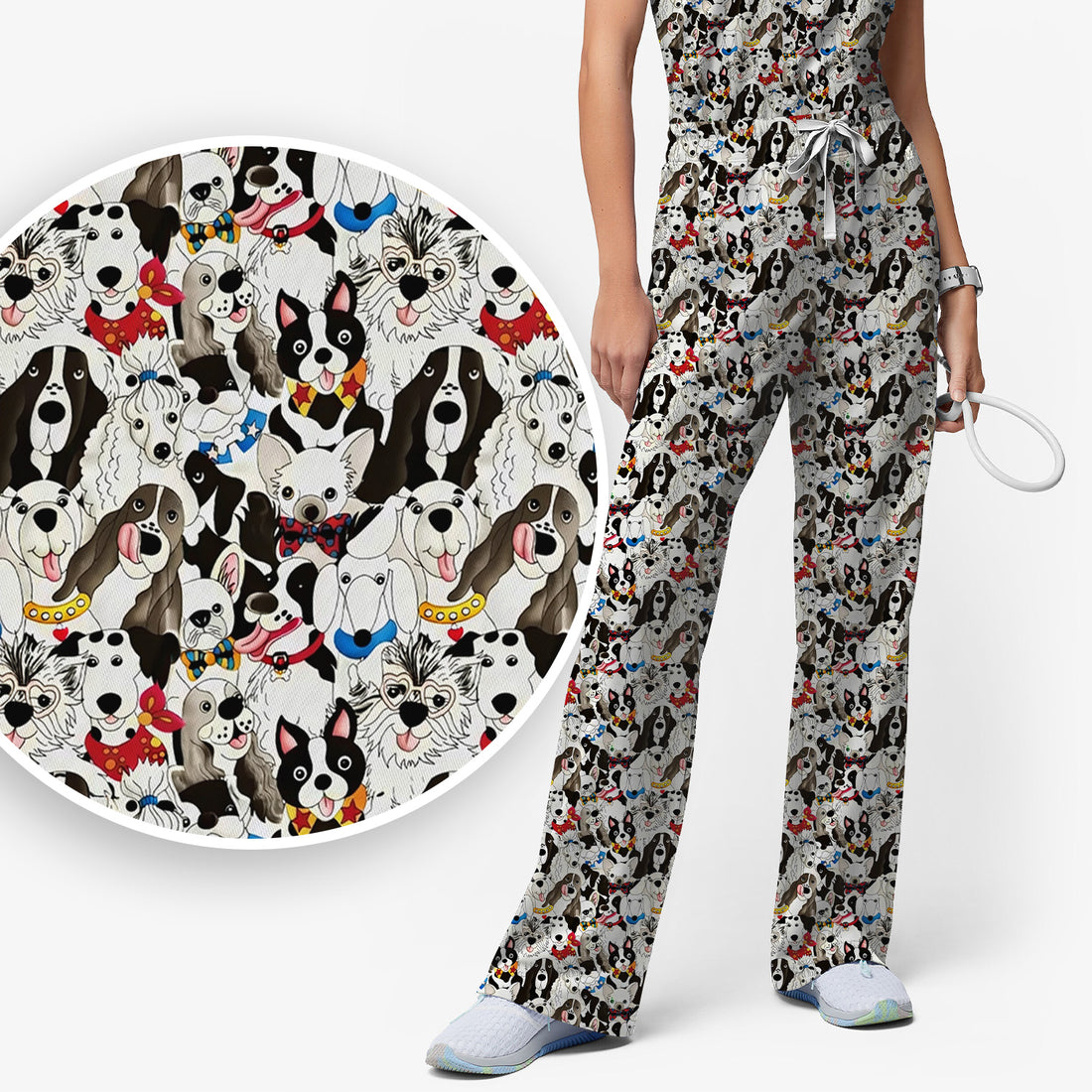 Cute Dog Cartoon All Over Print Scrub Set, Scrub Pants and V Neck Top
