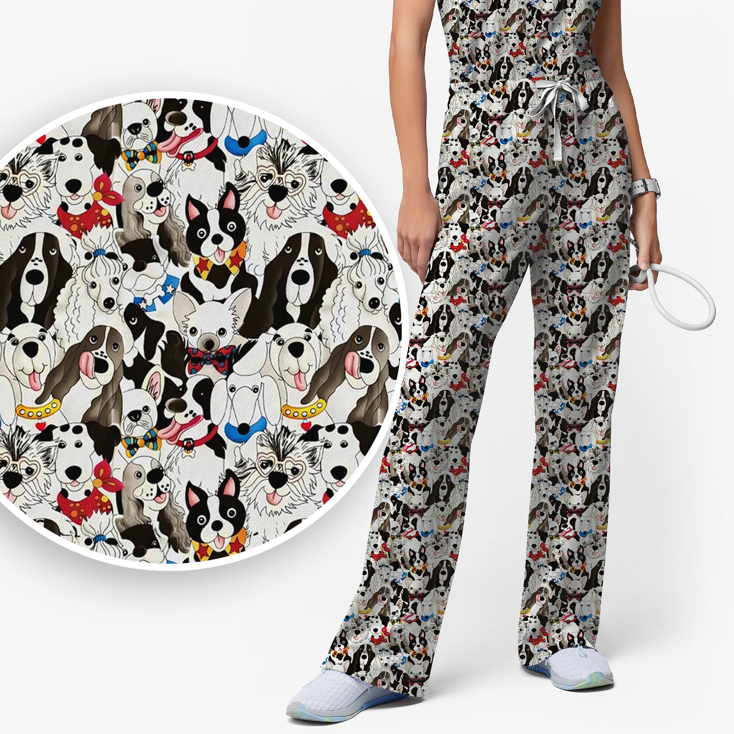Cute Dog Cartoon All Over Print Scrub Set, Scrub Pants and V Neck Top