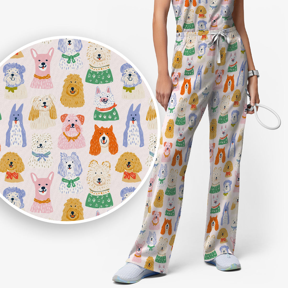 Colorful Dog Faces Cartoon Pattern Scrub Set, Scrub Pants and V Neck Top