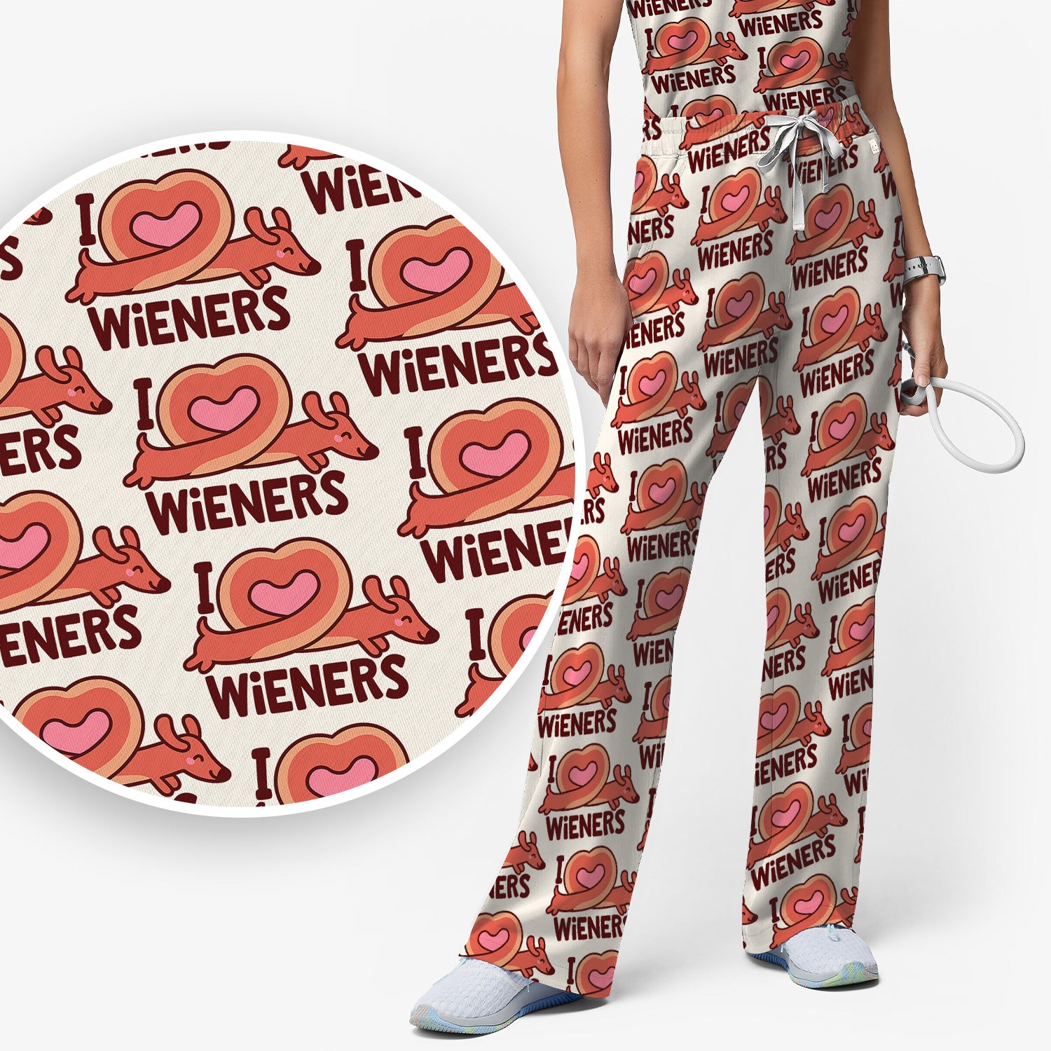 I Love Wieners Dachshund Heart Pattern Scrub Set, Scrub Pants and V Neck Top