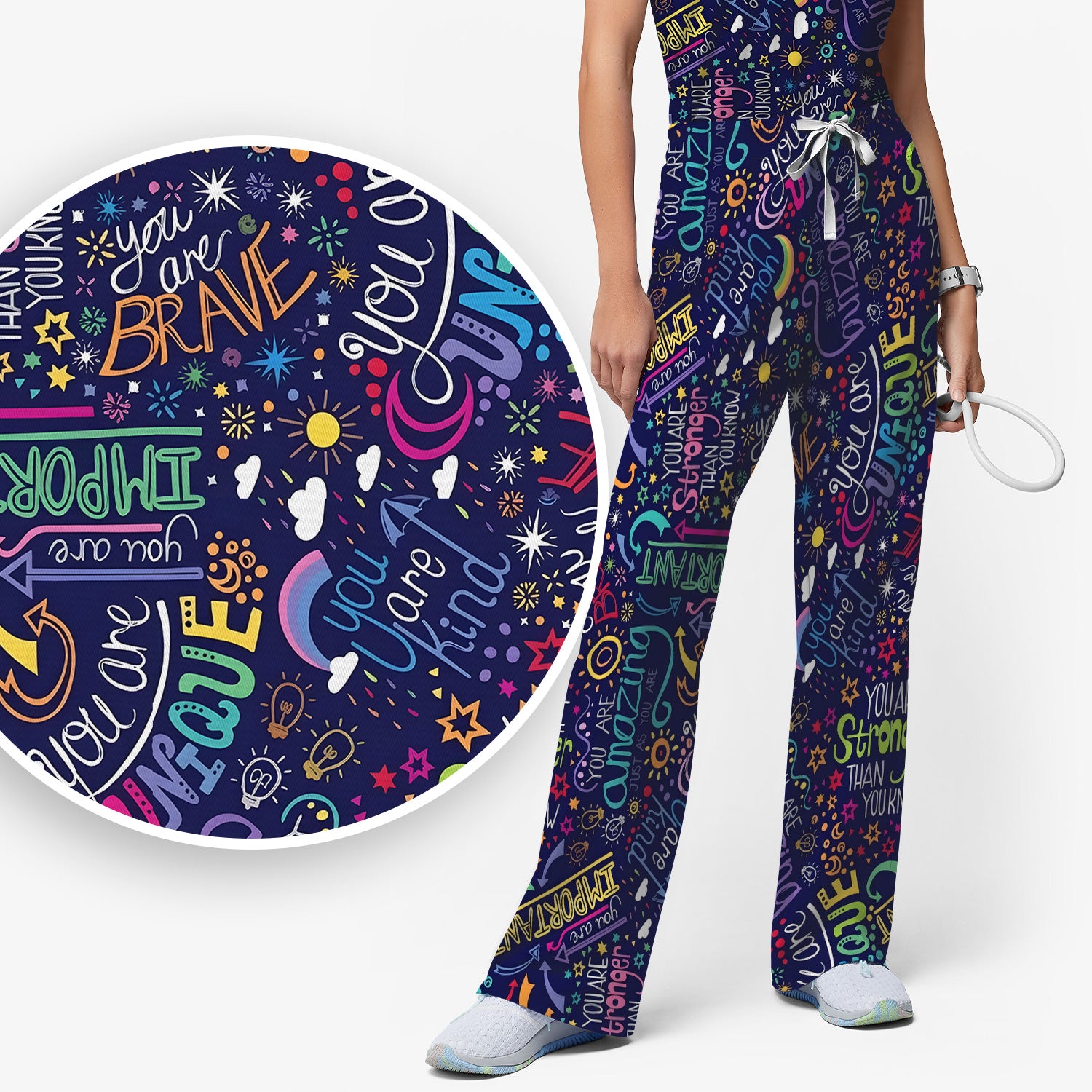 Inspirational Quote Pattern Scrub Set, Scrub Pants and V Neck Top