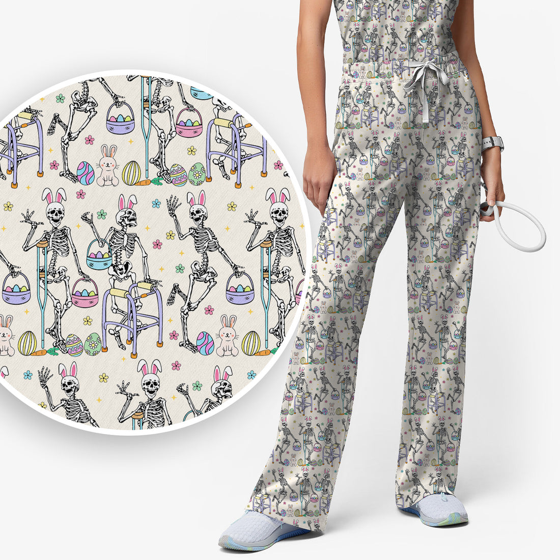 Fun Skeleton Bunny Easter Print Scrub Set, Scrub Pants and V Neck Top