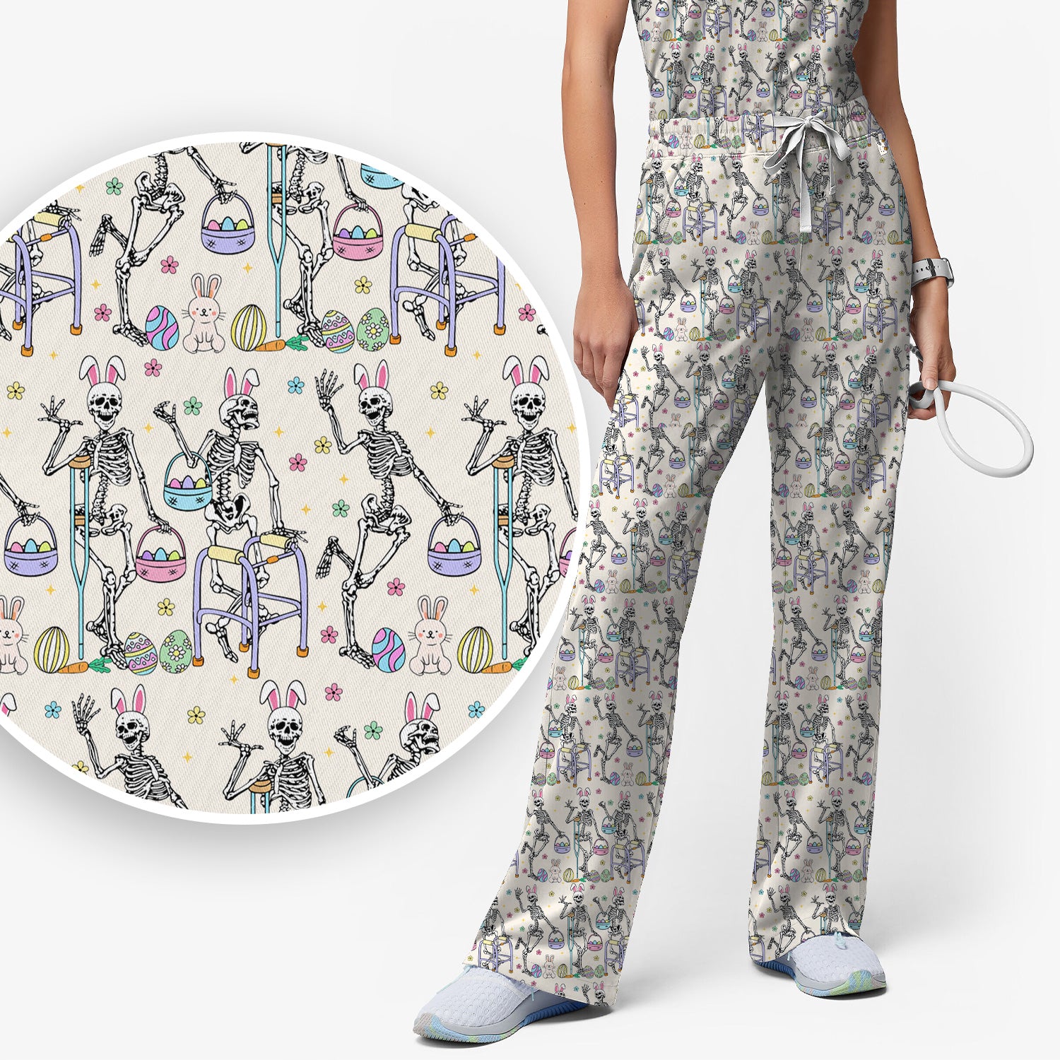 Fun Skeleton Bunny Easter Print Scrub Set, Scrub Pants and V Neck Top