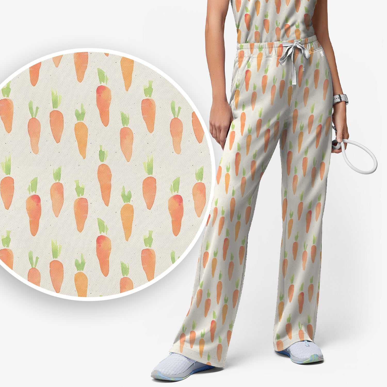 Simple Carrot Cute Pattern Scrub Sets, Scrub Pants and V Neck Top