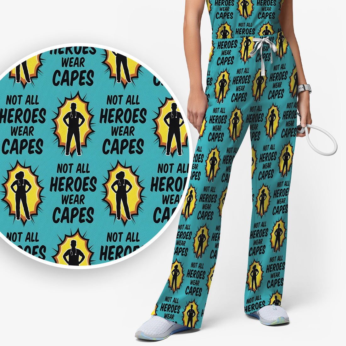 Not All Heroes Wear Capes Nurse Pattern Scrub Set, Scrub Pants and V Neck Top